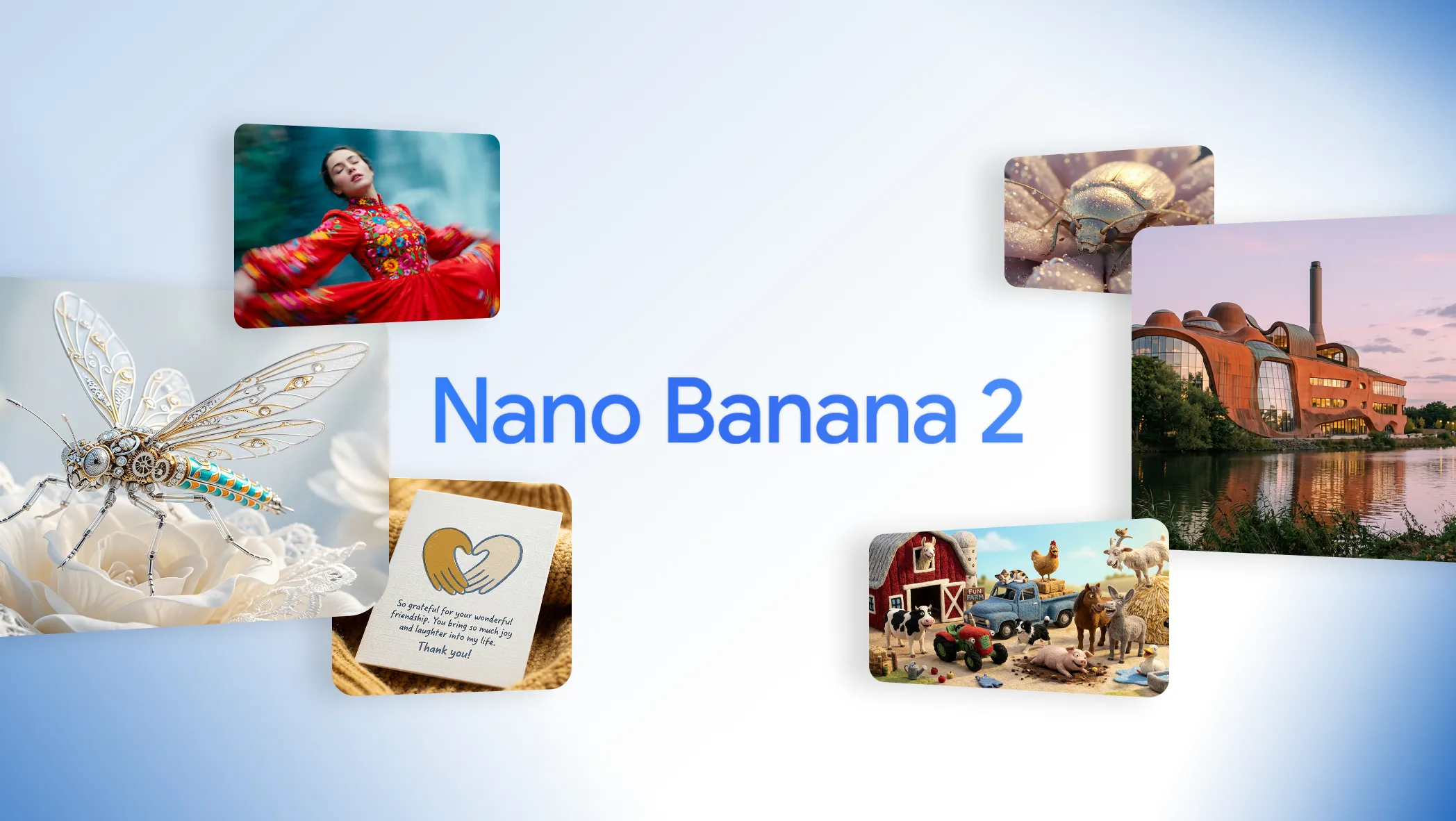 Official Nano Banana 2 launch collage with fashion, nature, architecture, illustration, and product-style images