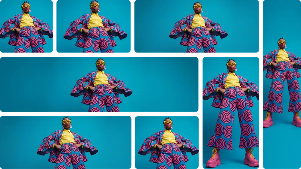 Official Nano Banana 2 example adapting a colorful fashion campaign across square, portrait, landscape, and vertical formats