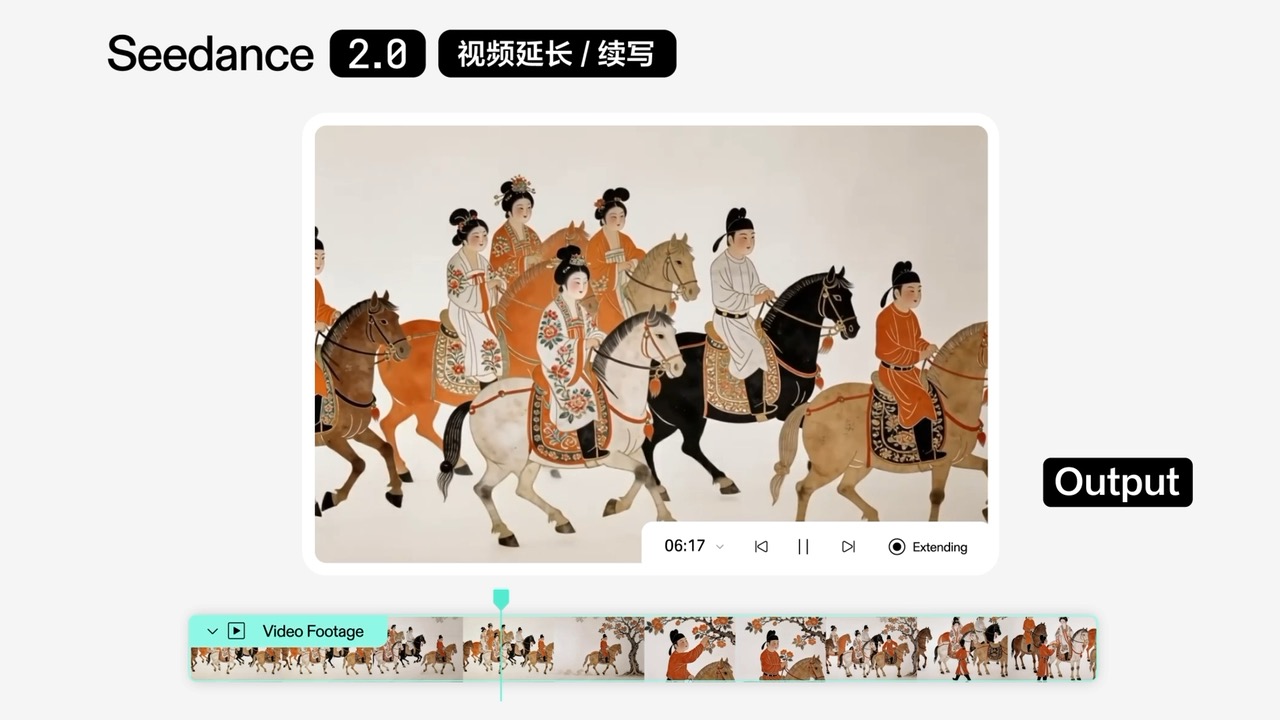 Official Seedance 2.0 video-extension example maintaining continuity across a horse sequence